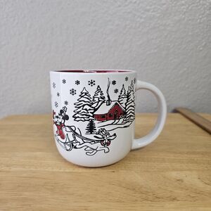 Disney Mickey & Minnie Mouse Christmas Mug Pluto Sleigh Winter Cabin Zrike 12oz